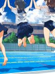  3girls arms_up ass barefoot bike_shorts black_hair black_shorts black_swimsuit blouse blue_sky brown_hair building cloud cloudy_sky day droplet from_behind highres holding_hands jumping kusakabe_(kusakabeworks) legs_up medium_hair multiple_girls no_pants one-piece_swimsuit open_mouth original outdoors pool school_uniform see-through serafuku shirt short_hair short_sleeves shorts shorts_under_skirt sky smile swimsuit wet wet_clothes wet_shirt white_blouse 