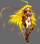  1girl absurdres ahoge arm_blade armor bangs bikini_armor black_sclera blade blonde_hair breasts claws commentary cosplay crossover english_commentary eyebrows_visible_through_hair hair_between_eyes highres large_breasts long_hair navel notatrox red_eyes rwby solo wavy_hair weapon witchblade yang_xiao_long 