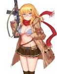  1girl as_val as_val_(girls_frontline) assault_rifle bangs belt bikini_top blonde_hair blue_eyes blush breasts brown_belt brown_coat brown_skirt cleavage coat eyebrows_visible_through_hair girls_frontline glasses gun hair_ornament highres holding holding_gun holding_weapon lithium10mg long_hair long_sleeves medium_breasts pleated_skirt pouch red-framed_eyewear red_scarf rifle scarf simple_background skirt smile solo striped striped_bikini_top stuffed_animal stuffed_toy teddy_bear weapon white_background 