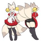  3_tails anthro bell bottomwear butt canid canine cleavage_cutout clothing dress ear_piercing eyes_closed female fox frilly fur hi_res jellyenvy legwear mammal markings mehajiki miki_(jealousjelly) multi_tail piercing raised_tail red_markings shorts simple_background solo stockings text white_background white_body white_fur 