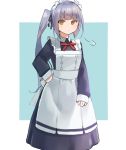  1girl alternate_costume apron black_dress blue_background brown_eyes dress enmaided grey_hair highres kantai_collection kasumi_(kantai_collection) long_hair looking_at_viewer maid maid_headdress oshiba_(oshiba1103) side_ponytail solo standing two-tone_background white_apron white_background 