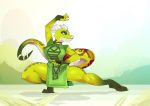  anthro arm_over_head clothed clothing dreamworks female fully_clothed kung_fu_panda martial_arts_uniform master_viper pose reptile scalie snake solo sportswear tail_ring thick_thighs viper zinnick 