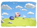  blue_sky cloud gooey grass hands_up hill kirby kirby_(series) kumoketu leaf rock running sky smile 