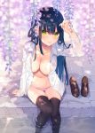  1girl arm_up bekotarou black_legwear blue_hair blurry breasts cleavage collarbone collared_shirt commentary_request depth_of_field flower green_eyes highres large_breasts loafers long_hair looking_at_viewer navel no_bra no_pants open_clothes open_shirt original purple_flower shirt shoes sidelocks sitting smile solo stomach thighhighs water wet white_shirt wisteria 