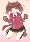  1girl animal_ears black_legwear black_skirt brown_eyes brown_hair cat_ears cat_tail commentary_request full_body gloves gradient gradient_background hairi_(mncrgc_h) japanese_clothes kantai_collection kariginu kneehighs long_hair looking_at_viewer neck_ribbon paw_boots paw_gloves paws pink_background pleated_skirt polka_dot polka_dot_background red_ribbon red_shirt ribbon ryuujou_(kantai_collection) shirt skirt smile solo tail twintails 