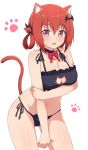  1girl animal_ears bat_hair_ornament black_bra black_choker black_panties bow bowtie bra breasts cat_cutout cat_ear_panties cat_ears cat_lingerie choker cleavage_cutout commentary_request eyebrows_visible_through_hair fang gabriel_dropout hair_ornament hair_rings highres kemonomimi_mode kurumizawa_satanichia_mcdowell large_breasts looking_at_viewer meme_attire navel nyaroon open_mouth panties pink_eyes red_hair red_neckwear red_ribbon ribbon side-tie_panties simple_background solo underwear underwear_only white_background 