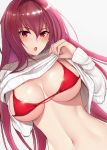  1girl bangs bikini blush breasts cleavage clothes_lift cocq_taichou fate/grand_order fate_(series) hair_between_eyes large_breasts long_hair long_sleeves looking_at_viewer navel open_mouth purple_hair red_bikini red_eyes ribbed_sweater scathach_(fate)_(all) scathach_(fate/grand_order) sweater sweater_lift swimsuit turtleneck turtleneck_sweater white_sweater 