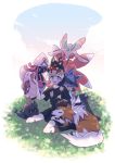  1other androgynous black_shirt black_skirt blush creature gen_4_pokemon gen_7_pokemon highres litten looking_at_viewer love-with---pizza lucario lurantis lycanroc_(dusk) marshadow marshadow_(gloom) on_head on_lap original pokemon pokemon_(creature) pokemon_on_head pokemon_on_lap shirt skirt tapu_lele 