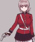  1girl between_breasts braid breasts calendarv cowboy_shot fate/grand_order fate_(series) florence_nightingale_(fate/grand_order) gloves gun handgun highres holding holding_gun holding_weapon large_breasts long_hair looking_at_viewer military military_uniform pink_hair pistol red_eyes skirt solo strap_between_breasts uniform weapon white_gloves white_legwear 