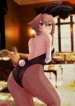  1girl animal_ears ass black_leotard blurry breasts brown_eyes brown_hair brown_legwear bunny_ears bunny_tail bunnysuit couch cowboy_shot depth_of_field detached_collar elbow_gloves from_behind gloves jousanrou kantai_collection large_breasts leaning_forward leotard looking_at_viewer looking_back mutsu_(kantai_collection) pantyhose photo_background short_hair solo strapless strapless_leotard tail two-tone_background white_gloves window 