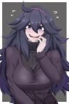  1girl absurdres ahoge al_bhed_eyes black_hair blush border commentary_request dress embarrassed fangs flying_sweatdrops hair_between_eyes hairband hand_to_own_mouth hand_up hex_maniac_(pokemon) highres long_hair long_sleeves looking_at_viewer messy_hair multicolored_hair npc_trainer open_mouth pokemon pokemon_(game) pokemon_xy purple_eyes purple_hair purple_hairband ribbed_sweater smile solo sweater teeth tekudai turtleneck turtleneck_sweater two-tone_hair upper_body 