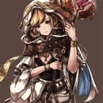  1girl bangs belt blonde_hair bracelet breasts brown_background cape closed_mouth commentary_request fantasy holding holding_staff hood hood_up horns jewelry looking_at_viewer muso-comet original pink_lips purple_eyes short_hair small_breasts solo staff upper_body v-neck wide_sleeves 
