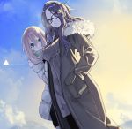  2girls blue_eyes breath brown_coat closed_mouth cloud cloudy_sky coat cold copyright_name cowboy_shot day dutch_angle fur-trimmed_coat fur_trim glasses green_scarf hair_between_eyes hand_in_pocket highres hooded_coat kagamihara_nadeshiko kagamihara_sakura long_hair looking_at_viewer multiple_girls outdoors pink_hair purple_eyes purple_hair ribbed_sweater scarf senmu siblings sisters sky smile sweater turtleneck turtleneck_sweater white_coat yurucamp 