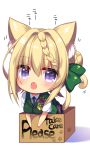  1girl animal_ears blonde_hair blue_neckwear blush box braid braided_bun buttons cat_ears cat_tail commentary_request english_text eyebrows_visible_through_hair fang for_adoption green_vest hair_between_eyes in_box in_container kantai_collection kemonomimi_mode motion_lines necktie open_mouth perth_(kantai_collection) plaid plaid_skirt purple_eyes ringo_sui shirt short_hair short_sleeves simple_background skirt solo tail vest white_background white_shirt 