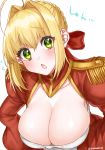  1girl ahoge artist_name bangs blonde_hair blush bow braid breasts cleavage cleavage_cutout collarbone commentary_request dress epaulettes eyebrows_visible_through_hair fate/grand_order fate_(series) french_braid green_eyes head_tilt highres large_breasts leaning_forward long_sleeves looking_at_viewer nero_claudius_(fate) nero_claudius_(fate)_(all) open_mouth red_bow red_dress shiny shiny_hair sidelocks signature simple_background solo tied_hair white_background yayoimaka03 