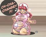  2018 belly big_belly big_breasts blue_eyes blush breast_expansion breasts chansey clothing dialogue female humanoid kneeling looking_down nintendo nurse_joy open_mouth pink_tail pok&eacute;mon pok&eacute;mon_(species) sera-fuku solo torn_clothing transformation video_games 