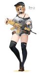  1girl assault_rifle belt black_gloves black_headwear black_legwear blonde_hair blue_eyes bra_strap breasts brown_footwear cleavage contrapposto denim denim_shorts fn_scar full_body girls_frontline gloves grey_shirt gun hair_ornament hat highres holding holding_gun holding_weapon jewelry large_belt large_breasts looking_at_viewer micro_shorts microphone necklace off-shoulder_shirt off_shoulder original pandea_work parted_lips rifle round_eyewear shirt shoes shorts simple_background single_glove solo standing star star_hair_ornament sunglasses thighhighs weapon white_background wristband 