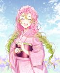  1girl blush braid closed_eyes cloud cloudy_sky cowboy_shot day floral_print green_hair hair_between_eyes japanese_clothes kanroji_mitsuri kimetsu_no_yaiba kimono long_hair looking_at_viewer mole mole_under_eye multicolored_hair nail_polish obi open_mouth outdoors pink_hair pink_kimono pink_nails sash sky smile solo two-tone_hair wani_(mezo) wide_sleeves 