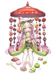  1girl bangs bow doll drum feet food food_fantasy footwear_removed fruit green_shorts hair_bow highres hishi_mochi_(food_fantasy) hishimochi holding holding_doll instrument japanese_clothes kimono lantern long_hair long_sleeves looking_at_viewer mallet multicolored_hair official_art peach pink_eyes scissors shorts sitting solo streaked_hair striped striped_bow tachi-e thighhighs thread very_long_hair white_hair white_legwear wide_sleeves yarn yarn_ball 