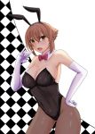  1girl \m/ animal_ears black_leotard bow bowtie breasts brown_hair brown_legwear bunny_ears bunnysuit checkered checkered_background cleavage cowboy_shot detached_collar elbow_gloves gloves green_eyes jousanrou kantai_collection large_breasts leotard looking_at_viewer mutsu_(kantai_collection) open_mouth pantyhose red_neckwear short_hair solo strapless strapless_leotard two-tone_background white_background white_gloves 