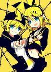  1boy 1girl bangs barbed_wire baseball_cap black_bow black_collar black_headwear black_jacket black_shirt black_skirt blonde_hair blue_eyes bow collar commentary crop_top fang finger_heart giryu grin hair_bow hair_ornament hairclip hat headphones jacket kagamine_len kagamine_rin looking_at_viewer midriff navel open_mouth rettou_joutou_(vocaloid) sailor_collar school_uniform shirt short_ponytail skin_fang skirt smile spiked_hair swept_bangs thumbs_down upper_body v-shaped_eyebrows vocaloid white_shirt yellow_background 