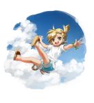  1girl artist_name asymmetrical_bangs bangs barakamon blonde_hair blue_shorts blue_sky bracelet brown_eyes child cloud eyebrows_visible_through_hair happy jane_mere jewelry kotoishi_naru looking_at_viewer open_mouth outstretched_arms sandals shirt short_hair short_sleeves shorts side_ponytail sky solo t-shirt upper_teeth white_shirt 