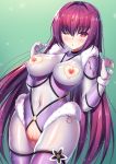  1girl adapted_costume bodysuit breasts condom covered_navel eyebrows_visible_through_hair fate/grand_order fate_(series) heart_cutout jewelry large_breasts long_hair nipples one_eye_closed pink_bodysuit purple_hair pussy pussy_cutout pussy_juice red_eyes scathach_(fate)_(all) scathach_skadi_(fate/grand_order) used_condom zha_yu_bu_dong_hua 