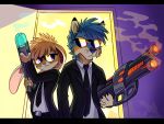  2018 anthro ash_bunny_(skeleion) black_nose blue_body blue_fur canid canine cheek_tuft clothed clothing door duo eyewear facial_tuft fox fur head_tuft holding_gun holding_object holding_weapon lagomorph leporid light lighting mammal necktie rabbit skeleion suit sunglasses toby_wolfkat tuft weapon yellow_body yellow_fur 