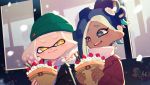  2girls alternate_hairstyle alternate_headwear aqua_hair bangs beanie black_collar black_hair blunt_bangs casual closed_mouth collar commentary cream crepe dark_skin domino_mask dutch_angle earrings food fruit gradient_hair green_headwear hair_up hat highres hime_(splatoon) holding holding_food iida_(splatoon) jewelry looking_at_viewer makeup mascara mask medium_hair mole mole_under_mouth multicolored_hair multiple_girls octarian open_mouth pink_hair pink_pupils piu_(piu55jsr) red_collar scarf sitting smile snow splatoon_(series) splatoon_2 strawberry suction_cups tentacle_hair white_hair white_scarf yellow_eyes 