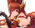  1girl animal_ears anthuria bangs bare_shoulders black_gloves blush breasts detached_sleeves dress elbow_gloves erune eyebrows_visible_through_hair gloves granblue_fantasy hair_between_eyes hair_ornament koretsuki_azuma large_breasts long_hair looking_at_viewer lying on_stomach red_dress red_eyes red_hair sideboob simple_background single_elbow_glove solo white_background 