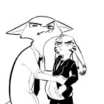  1:1 2020 anthro black_and_white bodily_fluids canid canine clothed clothing disney duo ear_markings facial_markings fox fully_clothed fur head_markings head_tuft jack_savage lagomorph leporid looking_at_viewer male_pregnancy mammal markings monochrome necktie nick_wilde pregnant rabbit red_fox replytoanons shirt simple_background tears topwear tuft white_background zootopia 