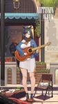  1girl acoustic_guitar alternate_costume animal_ears artist_name atago_(azur_lane) azur_lane bag black_hair blue_jacket book breasts brown_footwear brown_scarf cat chair closed_eyes closed_mouth day dress facing_viewer folding_chair grey_legwear guitar hair_ornament head_tilt highres holding holding_instrument instrument jacket lantern large_breasts long_hair long_sleeves music outdoors pandea_work pen plant playing_instrument potted_plant scarf shoes smile socks standing white_cat white_dress 