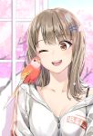  1girl bangs bird blush breasts brown_hair cherry_blossoms cleavage collarbone drawstring hair_ornament hairclip long_hair long_sleeves looking_to_the_side medium_breasts one_eye_closed open_mouth original parakeet smile solo sweater white_sweater yahako zipper_pull_tab 