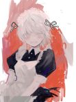  1girl absurdres black_outline blush eyebrows_visible_through_hair hair_ribbon highres maid maid_headdress mole mole_under_mouth original outline puffy_sleeves ribbon shou_(hanasakukoroni) sketch smile solo white_eyes white_hair 