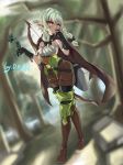  absurd_res accessory boots bottomwear bow breasts clothing dm_mo elf female footwear goblin_slayer green_eyes green_hair hair hair_accessory hair_bow hair_ribbon hi_res high_elf_archer humanoid humanoid_pointy_ears leggings legwear long_legs platinum_blonde ranged_weapon ribbons shorts small_breasts solo thigh_boots thigh_highs weapon wide_hips 