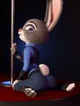  3:4 absurd_res anthro butt chickenass clothing disney female feral hi_res judy_hopps lagomorph leporid long_ears looking_at_viewer mammal multicolored_ears pole purple_eyes rabbit solo uniform zootopia 