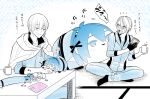  2boys character_doll cloak closed_eyes eating hato_niku male_focus mikazuki_munechika mochimochi_mascot monochrome multiple_boys petting senbei sitting spilling table touken_ranbu yamanbagiri_chougi yamanbagiri_kunihiro 