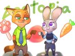  2020 anthro barefoot bottomwear canid canine clothed clothing dipstick_tail disney duo english_text fox fully_clothed fur gloves_(marking) green_eyes grey_body grey_fur hi_res judy_hopps kemokemono04 lagomorph leporid looking_at_another mammal markings multicolored_tail necktie nick_wilde orange_body orange_fur pants purple_eyes rabbit red_fox shirt simple_background standing text topwear white_background zootopia 
