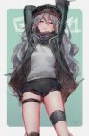  1girl absurdres allze artist_name black_shorts blush brown_eyes character_name eyebrows_visible_through_hair g11_(girls_frontline) girls_frontline grey_hair highres long_hair looking_at_viewer parted_lips shorts solo very_long_hair 