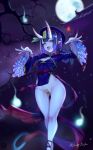  1girl bangs blush bottomless breasts chinese_clothes fate/grand_order fate_(series) hair_rings hat highres jiangshi looking_at_viewer ofuda oni oni_horns outstretched_arms purple_eyes purple_hair qing_guanmao short_hair shuten_douji_(fate/grand_order) skin-covered_horns solo sunday_se7en zombie_pose 