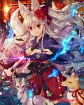  animal_ears breasts company_name eyebrows_visible_through_hair falkyrie_no_monshou fox_ears fox_girl fox_tail holding holding_sheath holding_sword holding_weapon japanese_clothes kimono large_breasts long_hair looking_at_viewer natsumekinoko official_art parted_lips red_eyes sheath silver_hair smile sword tail unsheathing very_long_hair weapon 