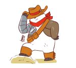  art-in-pure-heart-valley badger badgerclops bandanna cartoon_network chaps clothing costume covered_eyes cowboy cowboy_hat cybernetics cyborg hat headgear headwear hi_res machine male mammal mao_mao:_heroes_of_pure_heart mustelid musteline overweight overweight_male solo 