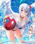  2girls angel_wings ball beachball blue_eyes blush bracelet breasts cleavage collarbone company_name cross_choker day falkyrie_no_monshou hand_on_own_thigh holding holding_ball jewelry large_breasts multiple_girls natsumekinoko navel necklace official_art open_mouth outdoors shirt short_hair silver_hair smile swimsuit wet wet_clothes wet_shirt white_shirt wings 