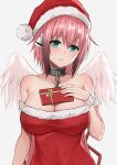  1girl angel_wings bare_shoulders blush box breasts cleavage closed_mouth eyebrows_visible_through_hair gift gift_box green_eyes hat highres holding holding_gift ikaros large_breasts looking_at_viewer pink_hair red_headwear santa_costume santa_hat short_hair smile solo sora_no_otoshimono wings ying_jing_meng 