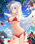  1girl angel_wings armpits arms_up blue_eyes blush breasts cleavage company_name cross cross_necklace day earrings eyebrows_visible_through_hair falkyrie_no_monshou flower jewelry large_breasts looking_at_viewer natsumekinoko navel necklace official_art one_eye_closed outdoors parted_lips short_hair silver_hair solo swimsuit undressing wings 
