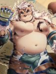  2020 anthro belly bottomwear bulge clothing felid gammachaos hi_res hombretigre humanoid_hands kemono male mammal moobs navel nipples overweight overweight_male pantherine scar shorts solo tiger tokyo_afterschool_summoners video_games 