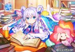  1girl ahoge blanket blue_bow blue_eyes bo_ren book bow closed_mouth commentary company_name cup detached_sleeves drinking_glass flower flower_knight_girl hair_bow hair_flower hair_ornament hair_rings indoors long_hair looking_at_viewer lying on_stomach open_book pillow shelf smile staff stuffed_animal stuffed_bunny stuffed_toy sutera_(flower_knight_girl) the_pose white_hair white_legwear white_sleeves 