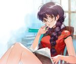  1girl blue_background book book_on_lap braid breasts brown_eyes china_dress chinese_clothes dress ekao eyebrows freckles glasses long_hair looking_at_viewer medium_breasts purple_hair reading red_dress red_nails ri_kouran round_eyewear sakura_taisen short_sleeves sitting solo twin_braids window 