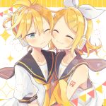  1boy 1girl aqua_eyes bangs bare_shoulders bass_clef black_collar blonde_hair bow cheek-to-cheek closed_eyes collar collarbone commentary fireworks frown hair_bow hair_ornament hairclip headphones kagamine_len kagamine_rin neckerchief necktie one_eye_closed sailor_collar school_uniform shirt short_hair short_ponytail short_sleeves shoulder_tattoo siblings side-by-side sleeveless sleeveless_shirt smile sparkle spiked_hair string_of_flags suzumi_(fallxalice) swept_bangs tattoo treble_clef twins upper_body vocaloid white_background white_bow white_shirt yellow_neckwear 