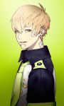  1boy absurdres badge bandaid bandaid_on_cheek bandaid_on_neck bangs blonde_hair blood blood_from_mouth bloody_clothes buttons caedoll collar dramatical_murder ear_piercing gradient gradient_background green_background green_neckwear highres labret_piercing lip_piercing looking_at_viewer male_focus multicolored multicolored_clothes necktie noiz_(dramatical_murder) nose_piercing parted_lips piercing short_hair simple_background solo upper_body yellow_eyes 